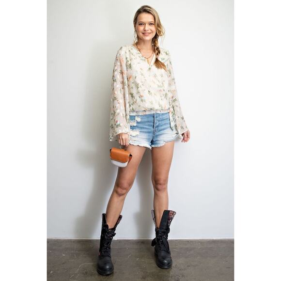 Easel Floral Print Boho Surplice Ivory Chiffon Blouse Tie Waist Long Sleeves, S - Picture 4 of 5